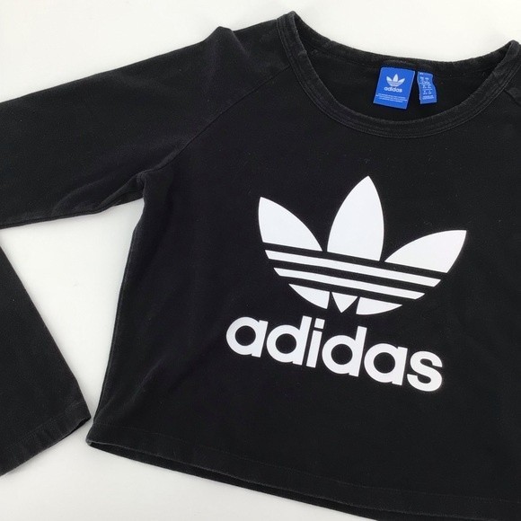 Adidas Women's Black White Long Sleeve Crew Neck Crop Top Size Large - Picture 5 of 12
